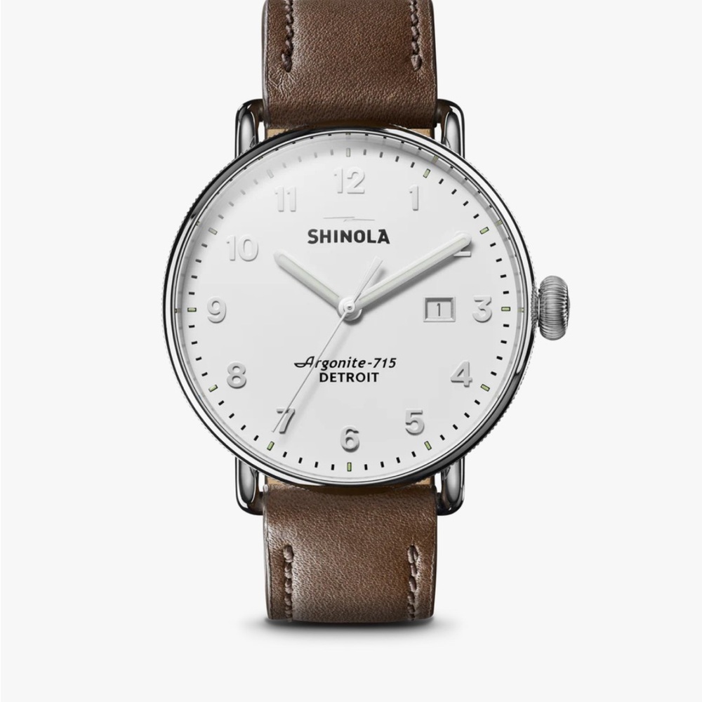 NEW Shinola Canfield 43mm Silver Case Watch with Brown Leather Strap